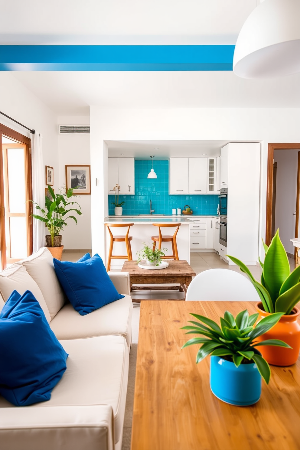 A Mediterranean apartment featuring a neutral palette enhanced by bold color pops. The living area showcases a light beige sofa adorned with vibrant blue and terracotta cushions, while a rustic wooden coffee table anchors the space. The kitchen boasts white cabinetry contrasted by a striking turquoise backsplash. Potted plants in bright ceramic pots add a lively touch to the open dining area, complemented by a warm, natural wood dining table.