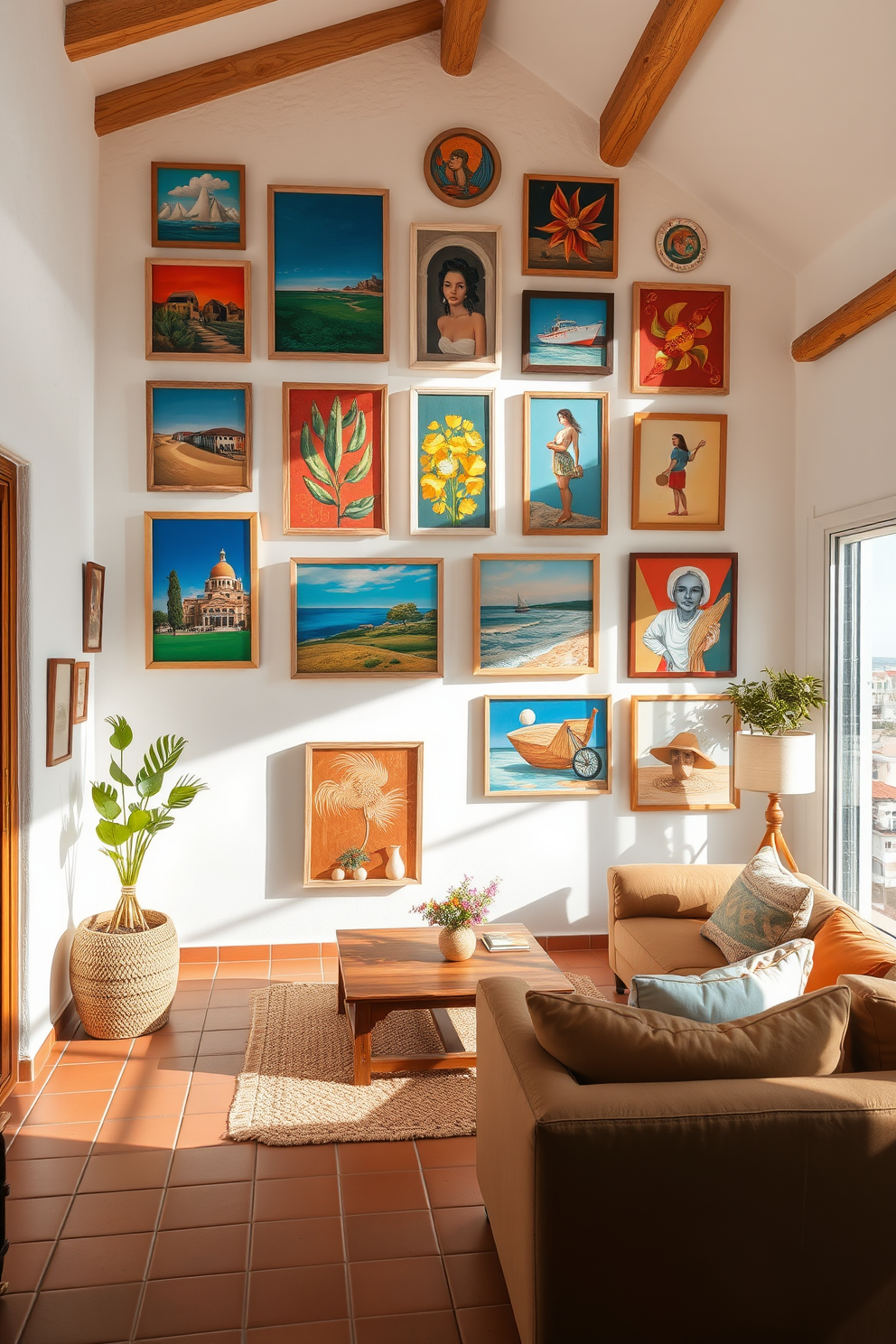 A gallery wall showcasing an array of local art pieces in vibrant colors creates a focal point in the living space. The artworks are framed in natural wood, and their eclectic styles bring a sense of personality and warmth to the room. The Mediterranean apartment design features terracotta tiles and whitewashed walls that evoke a coastal feel. Large windows allow natural light to flood in, enhancing the airy atmosphere and connecting the interior with the outdoor landscape.