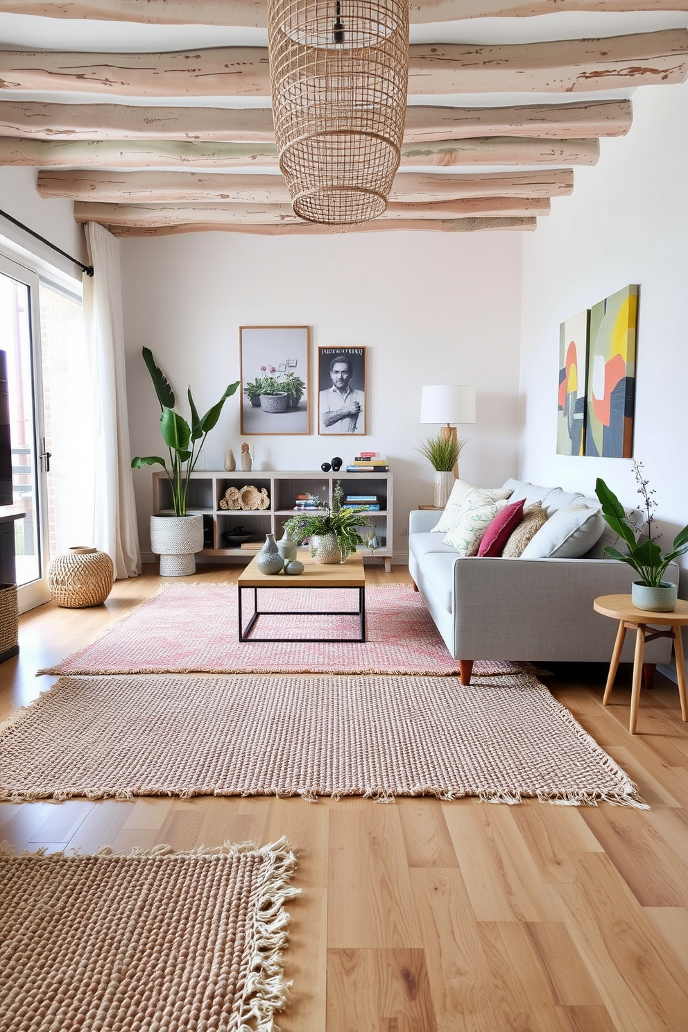 A cozy Mediterranean apartment features textured rugs that add warmth and depth to the space. The living area is adorned with a soft, neutral palette complemented by vibrant accents and natural materials.