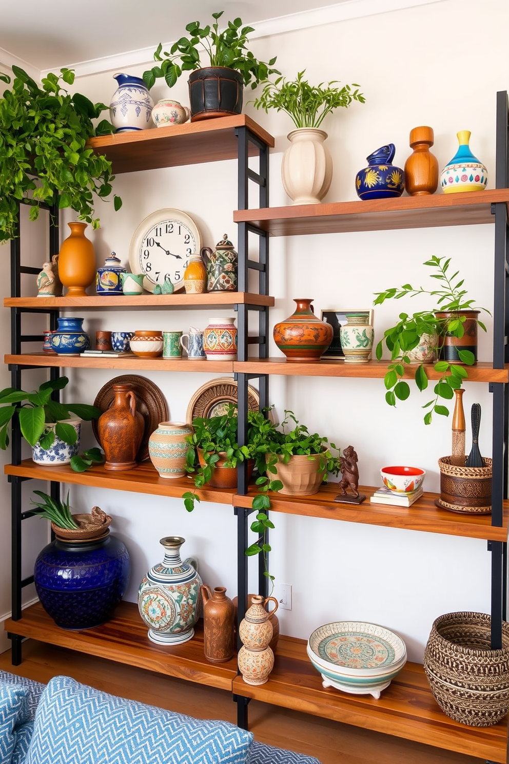 Open shelving elegantly displays a curated selection of decor items in a Mediterranean-inspired apartment. The shelves are made of reclaimed wood and are adorned with vibrant ceramics, lush greenery, and artisanal crafts, creating a warm and inviting atmosphere.