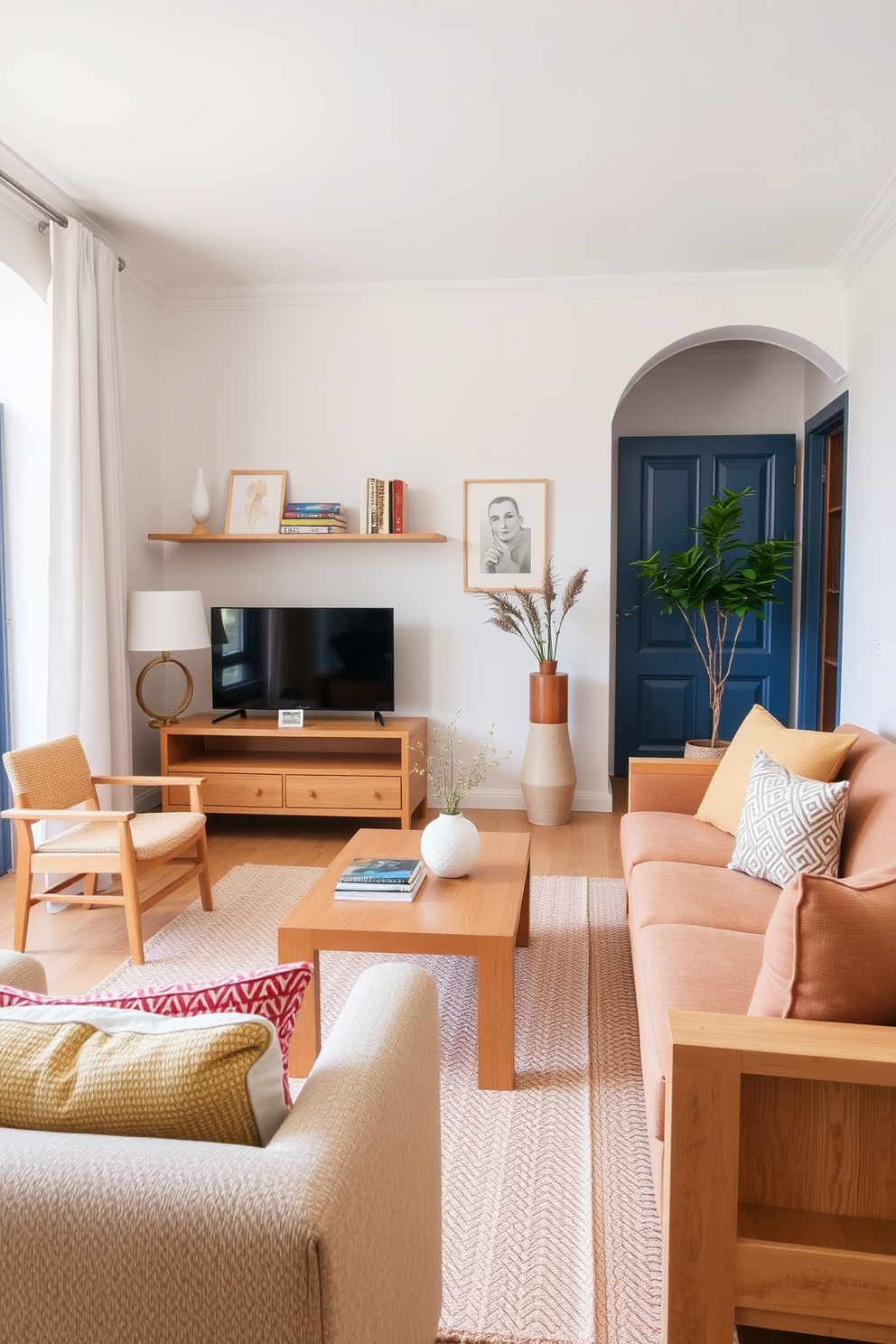 Open shelving is elegantly arranged to showcase an array of colorful dishware in a Mediterranean apartment. The shelves are crafted from reclaimed wood, adding warmth and character to the space while complementing the soft, earthy tones of the surrounding walls.