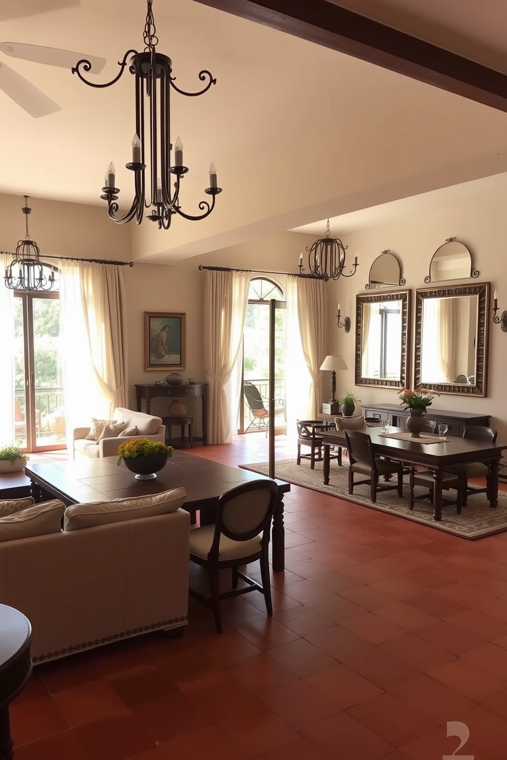 A Mediterranean apartment featuring a blend of modern and traditional design elements. The living room showcases a large sectional sofa with vibrant throw pillows, complemented by a rustic wooden coffee table and a handwoven area rug. The walls are adorned with decorative tiles in warm earth tones, while large windows allow natural light to flood the space. In the kitchen, sleek cabinetry contrasts with a traditional farmhouse sink and open shelving displaying colorful ceramics.