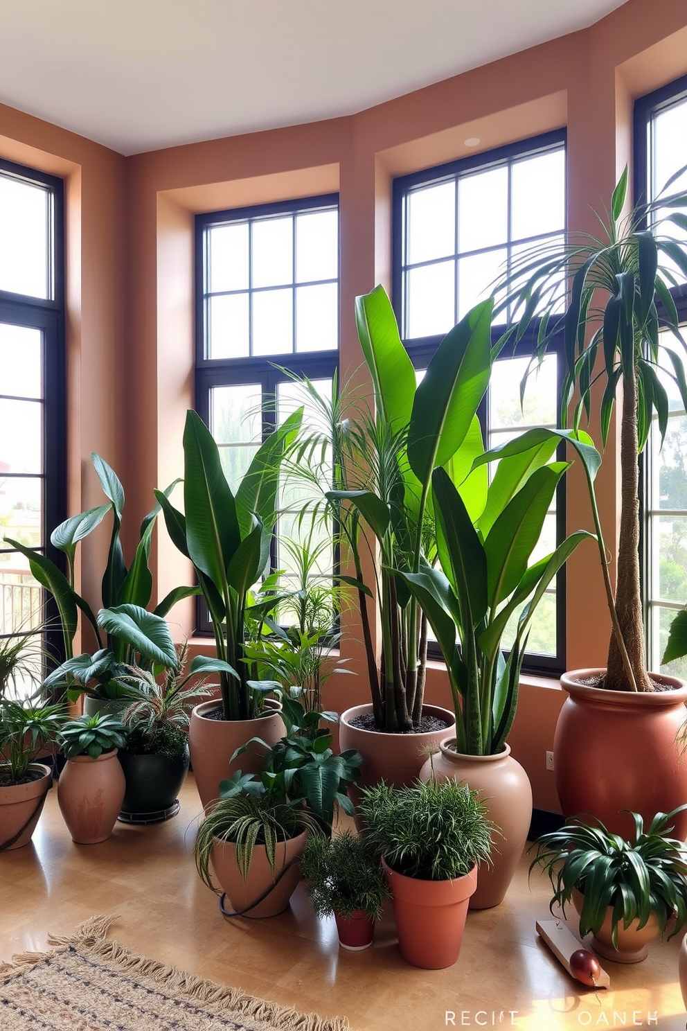 A Mediterranean apartment filled with sculptural plants that add visual interest to the space. The walls are painted in warm earth tones, and large windows allow natural light to bathe the room, highlighting the greenery.