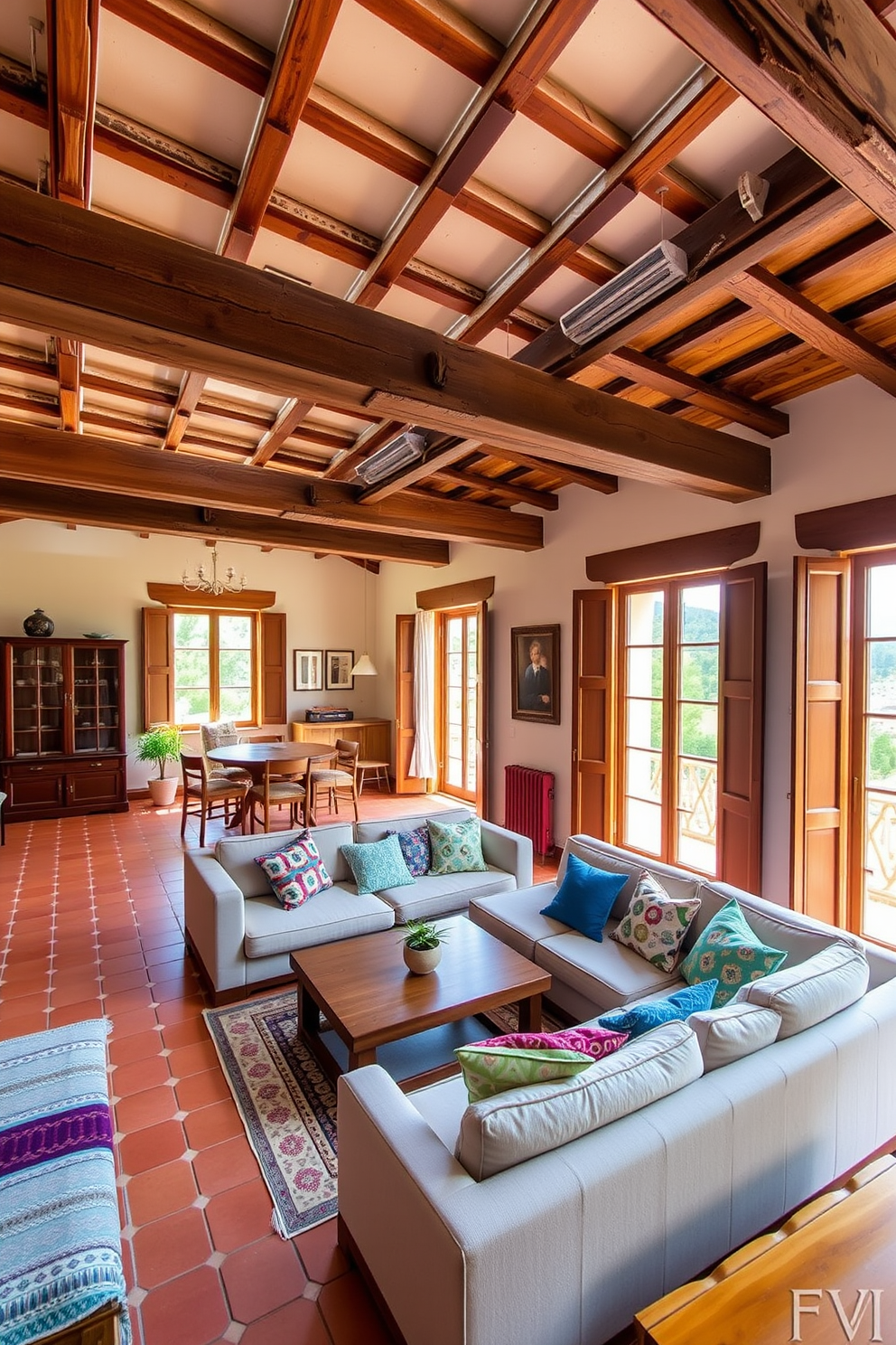 A cozy living room featuring exposed wooden beams that add rustic charm to the space. The walls are painted in a warm beige tone, and large windows allow natural light to flood the room. A comfortable sectional sofa is adorned with colorful throw pillows, complementing the terracotta tile flooring. A wooden coffee table sits in the center, surrounded by potted plants that bring a touch of greenery indoors.