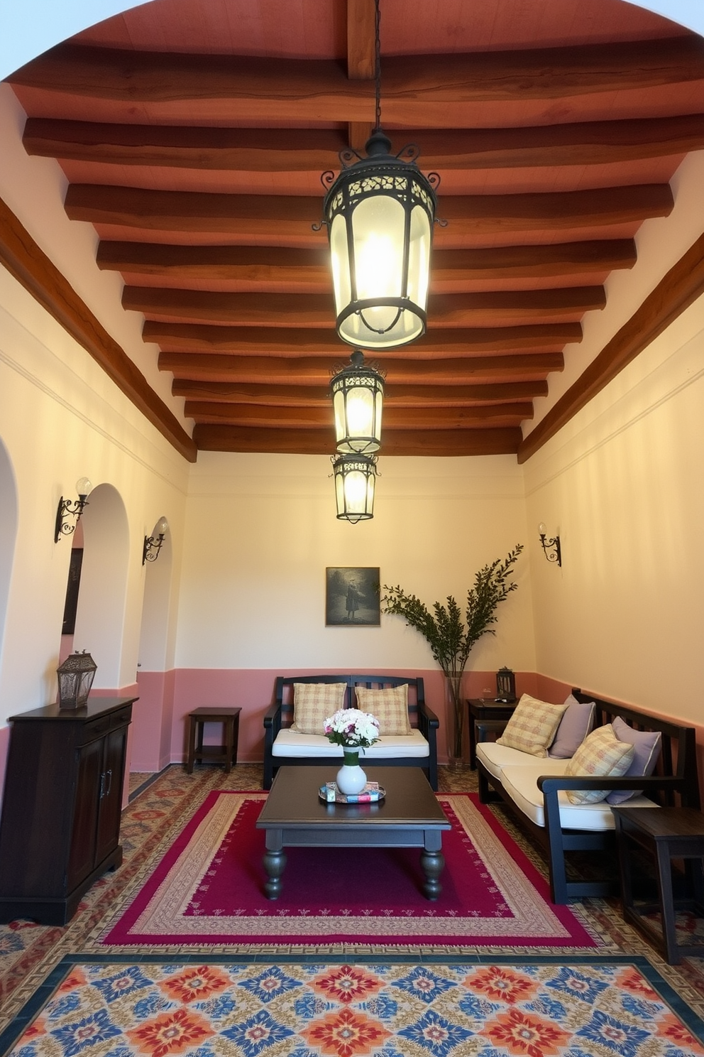 A cozy Mediterranean apartment featuring soft white walls and terracotta tiled floors. Large windows allow natural light to flood the space, complemented by flowing sheer curtains. The living area includes a comfortable sectional sofa adorned with blue and white cushions. A rustic wooden coffee table sits in front, surrounded by potted plants and coastal decor. The kitchen showcases open shelving displaying colorful dishware and a farmhouse sink. A woven basket filled with fresh fruit adds a touch of warmth to the space. The bedroom is designed with a wrought iron bed frame dressed in crisp white linens. Nautical-themed artwork hangs above the bed, enhancing the coastal ambiance. A spacious balcony features a rattan seating area with ocean views. Potted herbs and colorful flowers create a vibrant outdoor retreat.