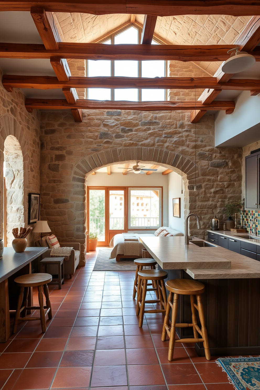 A Mediterranean apartment featuring natural stone accents throughout the space. The living area showcases exposed stone walls complemented by warm wooden beams and terracotta tiles. The open kitchen boasts a large island with a natural stone countertop, surrounded by rustic wooden stools. Brightly colored ceramic tiles add a vibrant touch to the backsplash, enhancing the Mediterranean aesthetic. In the bedroom, a stone feature wall serves as a stunning backdrop for a cozy bed adorned with soft linens. Large windows allow natural light to flood the room, highlighting the stone textures and creating an inviting atmosphere.