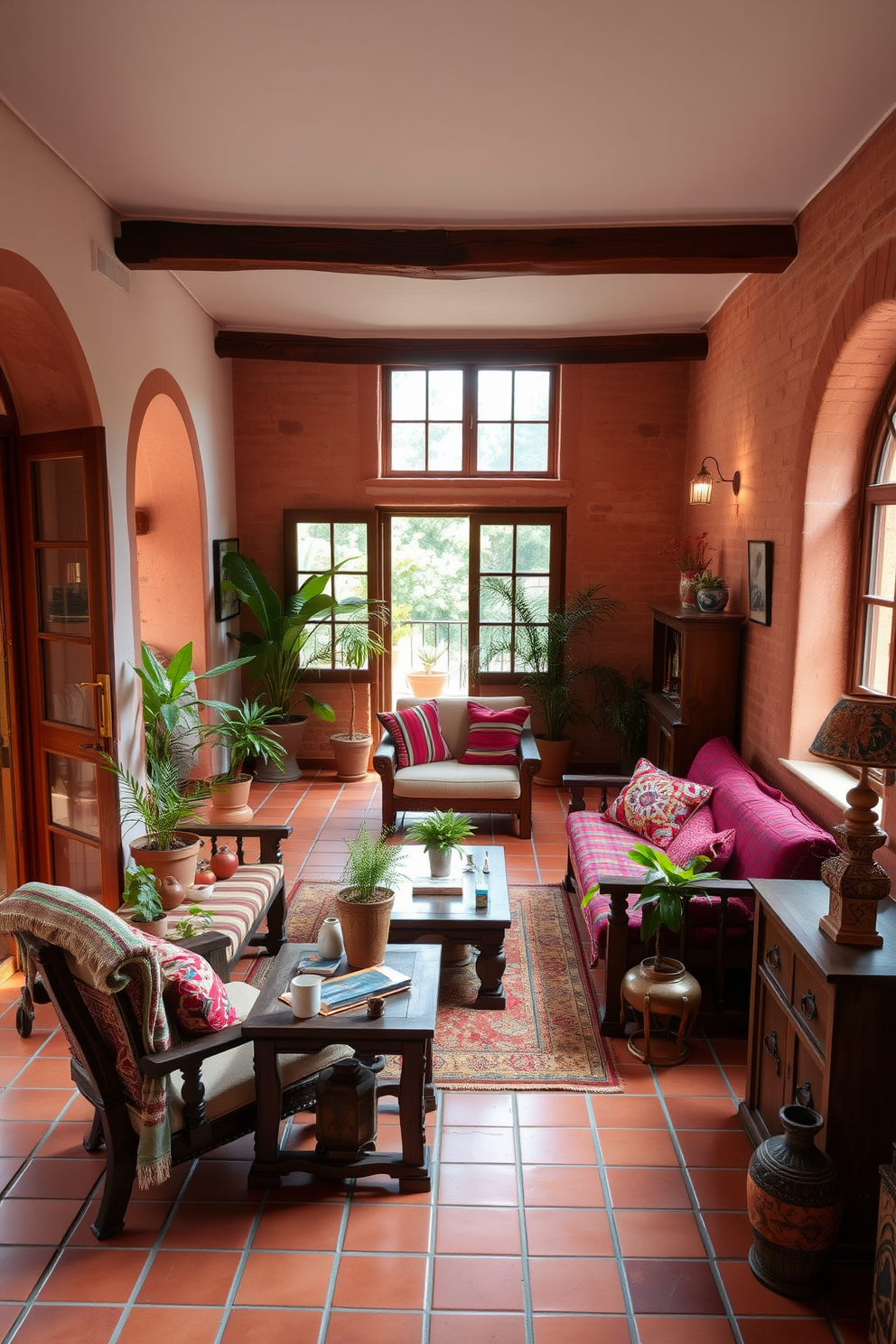 A charming Mediterranean apartment features terracotta tiles that warm the space with their earthy tones. The open layout includes arched doorways and large windows that invite natural light, enhancing the inviting atmosphere. The living area is adorned with rustic wooden furniture and vibrant textiles that reflect the region's rich culture. Potted plants and decorative ceramics add a touch of greenery and artistry to the overall design.