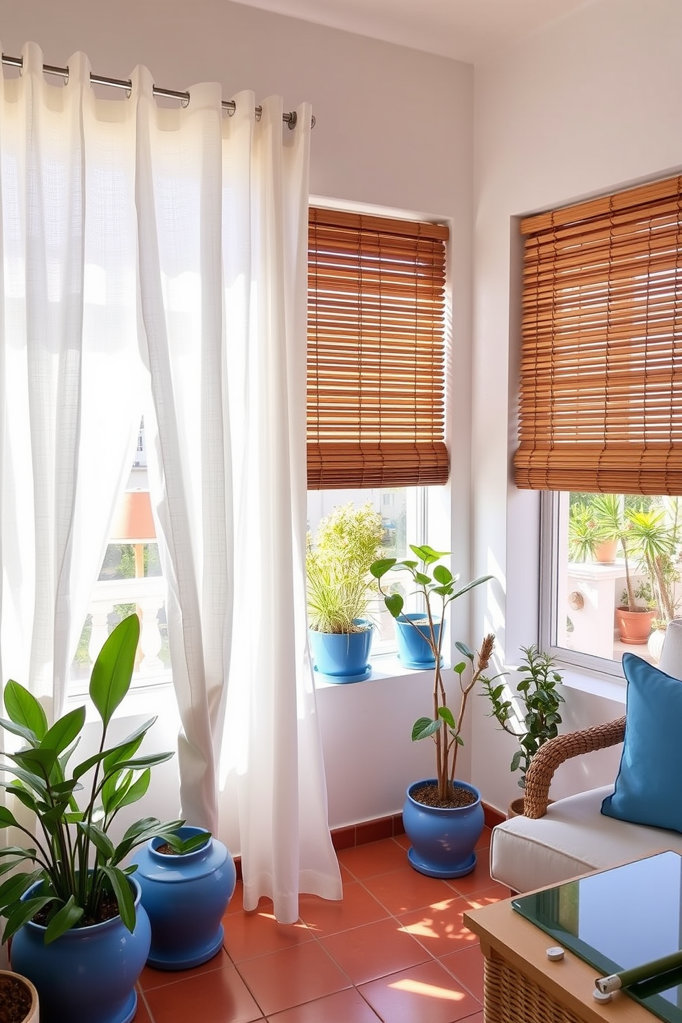 Bright and airy window treatments enhance the natural light in the space, creating an inviting atmosphere. The curtains are made of lightweight linen in soft white, gently billowing with the breeze, while the wooden blinds provide adjustable privacy. The Mediterranean apartment features terracotta tiles that add warmth to the room, complemented by vibrant blue accents throughout. Potted plants are strategically placed near the windows, bringing a touch of greenery and life to the design.