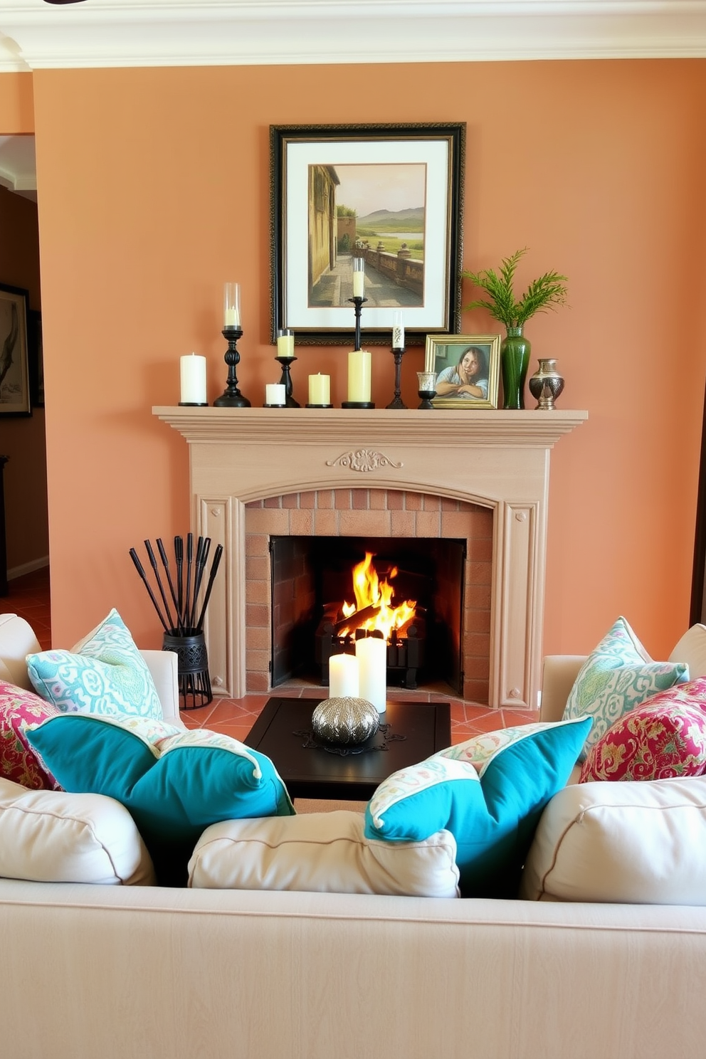 A cozy fireplace with a decorative mantel serves as the focal point of the living room. The mantel is adorned with a collection of elegant candles and framed artwork, creating a warm and inviting atmosphere. The surrounding walls are painted in soft earth tones, complementing the terracotta tiles on the floor. Plush seating arranged in a circle invites conversation, while colorful throw pillows add a touch of Mediterranean flair.