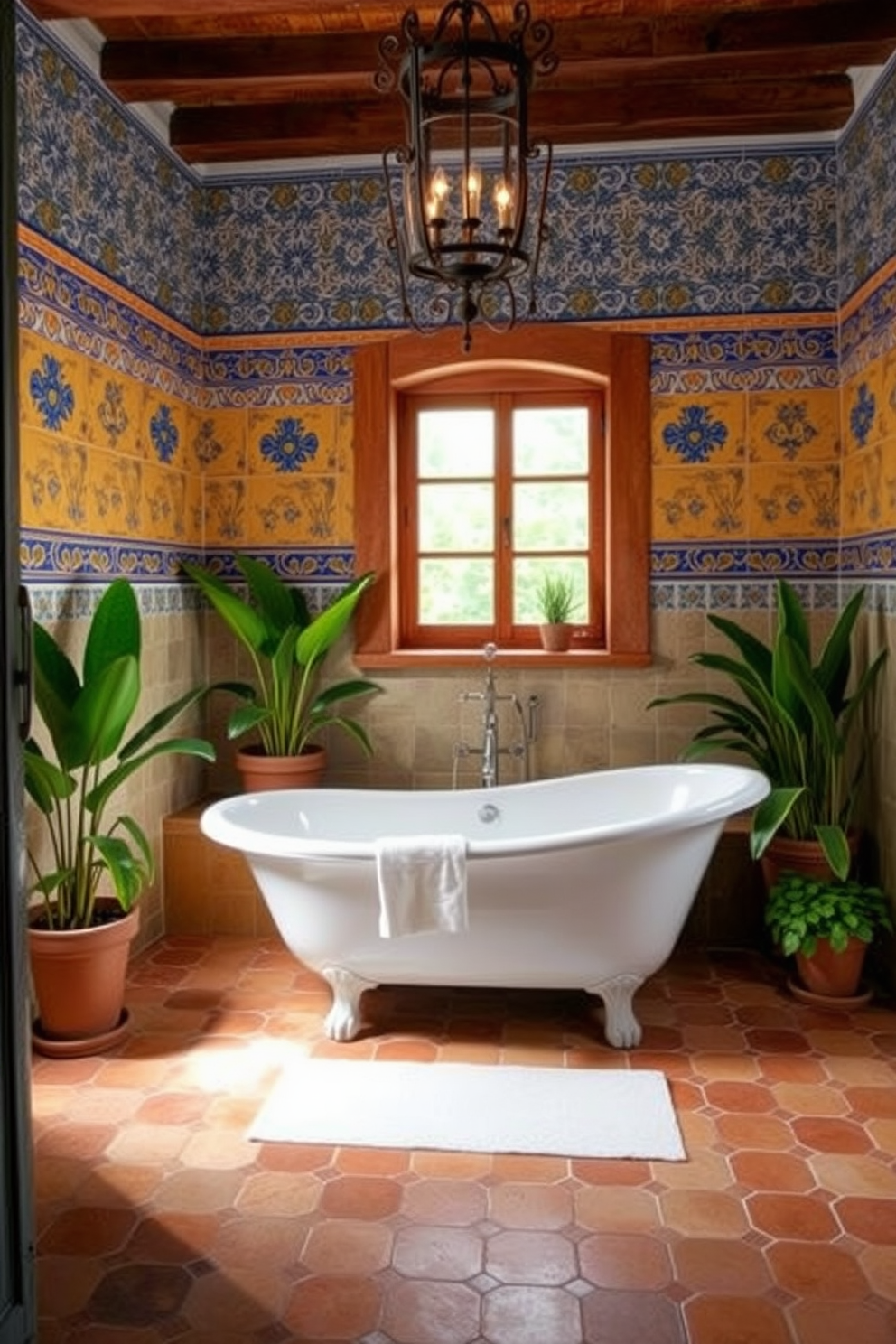 A rustic Mediterranean bathroom featuring terracotta floor tiles that add warmth and character to the space. The walls are adorned with white plaster, complemented by wooden beams that create an inviting atmosphere. A freestanding soaking tub sits in the center, surrounded by potted plants for a touch of greenery. A vintage wooden vanity with a stone sink completes the charming aesthetic, enhancing the rustic feel of the design.