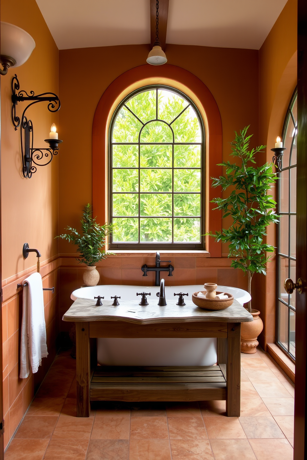 A charming Mediterranean bathroom features wrought iron fixtures that add elegance and character to the space. The walls are adorned with warm terracotta tiles, and a freestanding soaking tub sits beneath a large arched window, allowing natural light to flood the room. The vanity is crafted from reclaimed wood, topped with a rustic stone surface, while wrought iron sconces illuminate the area. Lush greenery in ceramic pots adds a touch of nature, complementing the earthy tones of the design.