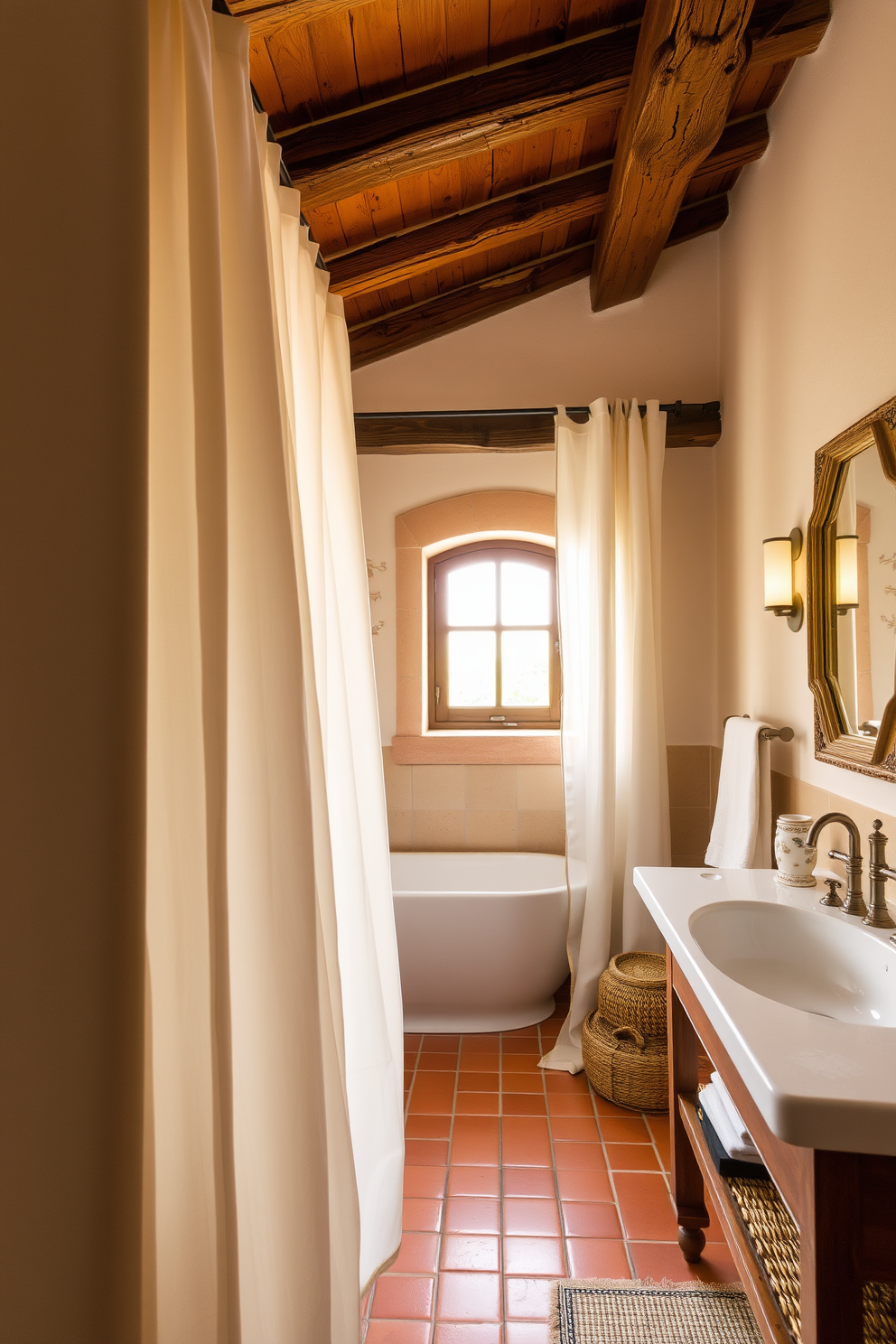 A Mediterranean bathroom featuring soft linen curtains that gently billow in the breeze. The space is adorned with terracotta tiles and rustic wooden beams, creating a warm and inviting atmosphere.