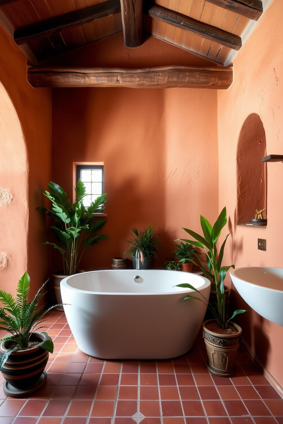 A Mediterranean bathroom featuring an earthy color palette with warm tones. The walls are adorned with textured plaster in soft terracotta, complemented by rustic wooden beams overhead. A freestanding soaking tub sits in the center, surrounded by potted plants that add a touch of greenery. The floor is laid with terracotta tiles, enhancing the warm and inviting atmosphere of the space.