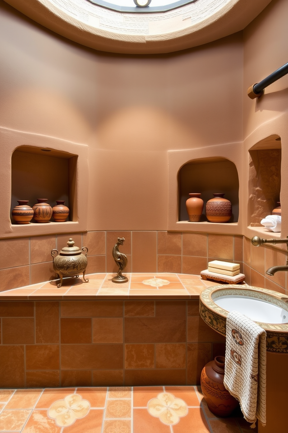 A beautifully designed Mediterranean bathroom features niche shelves carved into the walls, showcasing an array of decorative items such as terracotta pots and artisanal soaps. The warm earth tones of the tiles and natural stone create a serene atmosphere, enhanced by soft lighting that highlights the unique decor.