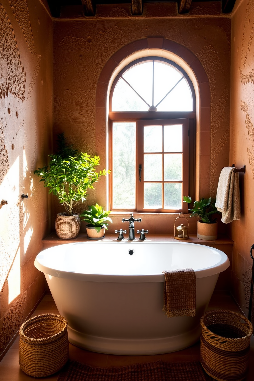 A Mediterranean bathroom featuring textured wall finishes that add depth and character. The walls are adorned with a mix of warm terracotta tiles and plaster, creating a rustic yet elegant ambiance. Natural light filters through a large arched window, illuminating a freestanding soaking tub with a vintage-style faucet. Decorative elements such as potted plants and woven baskets enhance the organic feel of the space.