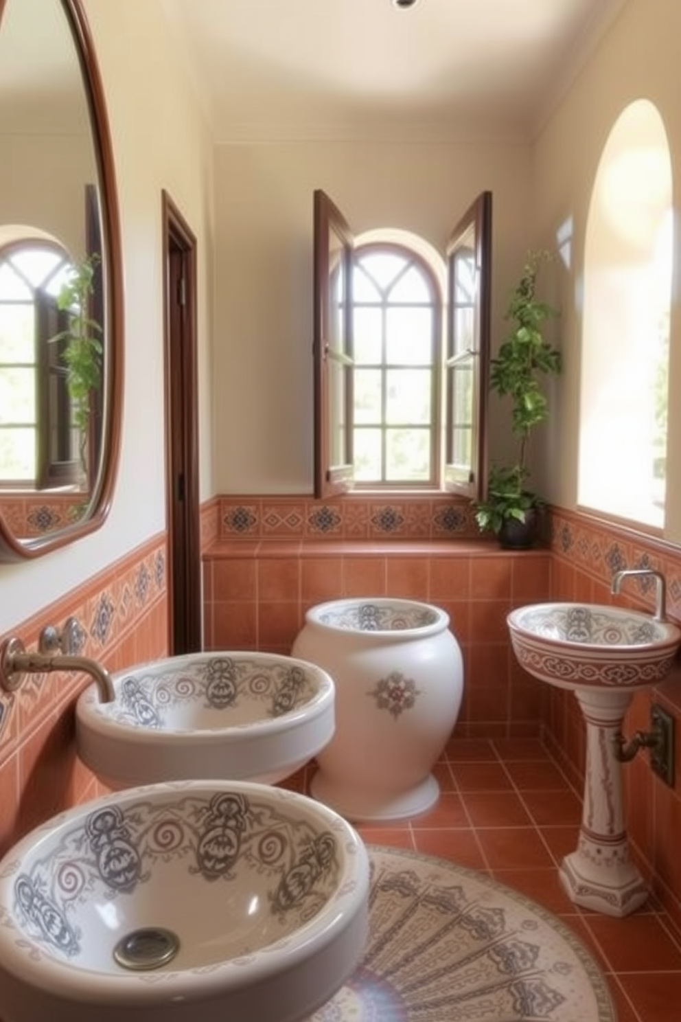 A serene Mediterranean bathroom featuring coastal-inspired decorative accessories. The space includes a soft blue color palette with natural wood accents and woven textures throughout. Decorative elements such as seashells, driftwood sculptures, and ceramic vases enhance the coastal theme. A freestanding bathtub is positioned near a window, allowing natural light to illuminate the room.