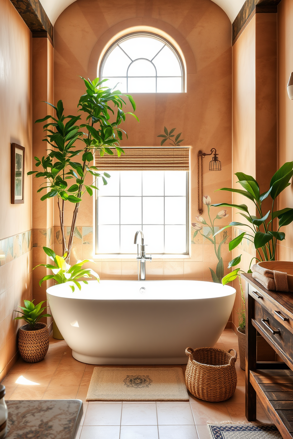 A serene Mediterranean bathroom bathed in sunlight streaming through large arched windows. The space features terracotta tiles on the floor and a freestanding soaking tub surrounded by potted plants. A rustic wooden vanity with a double sink is positioned against a textured stone wall. Above the vanity, a large round mirror with a wrought iron frame reflects the natural light, enhancing the warm color palette.