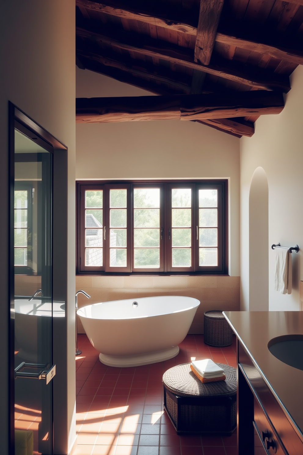 A bright Mediterranean bathroom filled with natural light streaming through large windows. The space features terracotta tiles, a freestanding soaking tub, and a rustic wooden beam ceiling, creating a warm and inviting atmosphere.