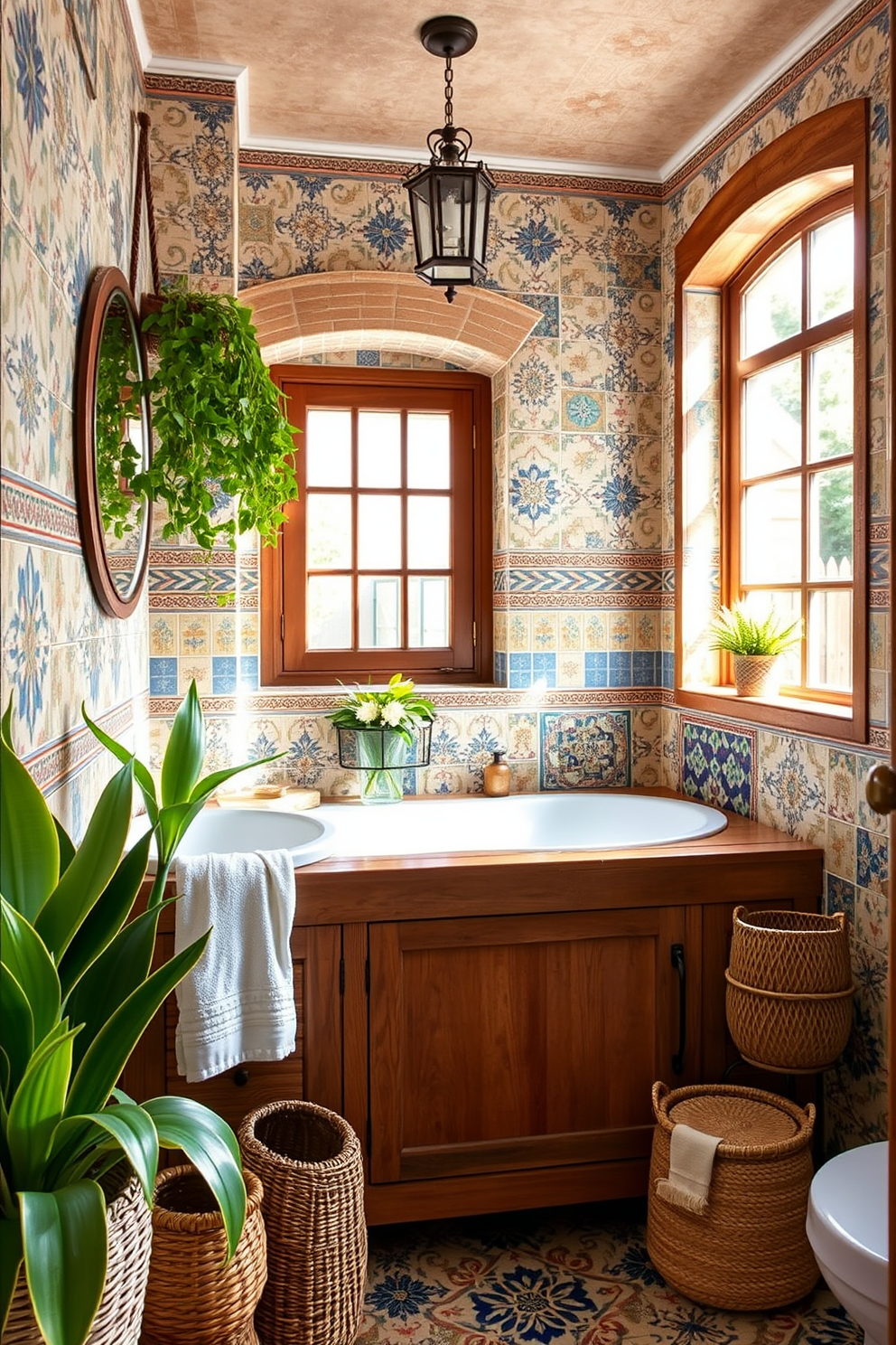 A Mediterranean bathroom featuring hand-painted tiles in vibrant colors creates a unique and inviting atmosphere. The walls are adorned with intricate tile patterns that reflect traditional craftsmanship, while a rustic wooden vanity complements the overall design. Natural light floods the space through a large window, highlighting the textures and colors of the tiles. Potted plants and woven baskets add warmth and a touch of nature to this stylish retreat.