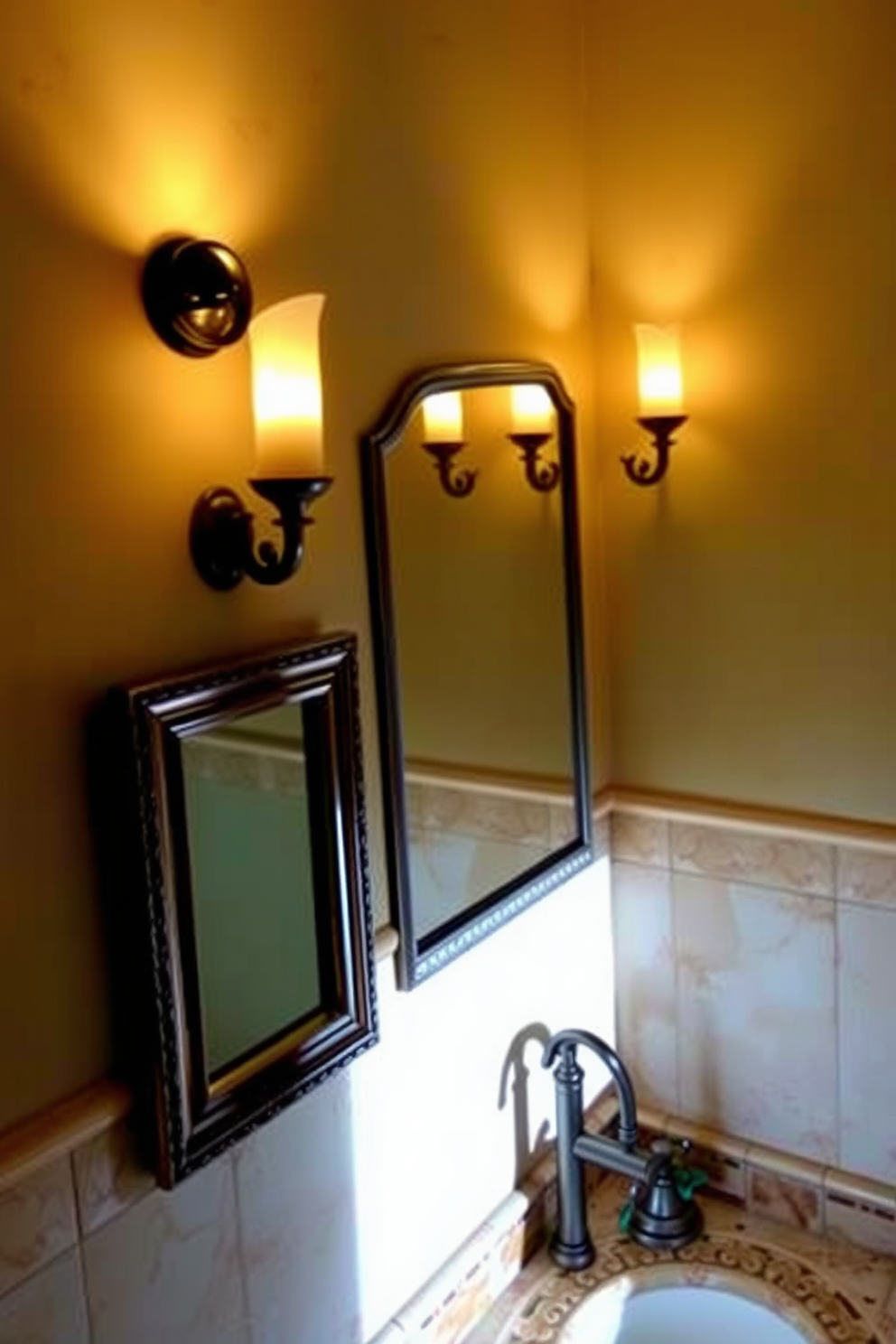 A Mediterranean bathroom featuring elegant sconces that provide warm ambient lighting. The walls are adorned with intricate tile work in soft earth tones, and the sconces are mounted on either side of a beautifully framed mirror, casting a gentle glow throughout the space.