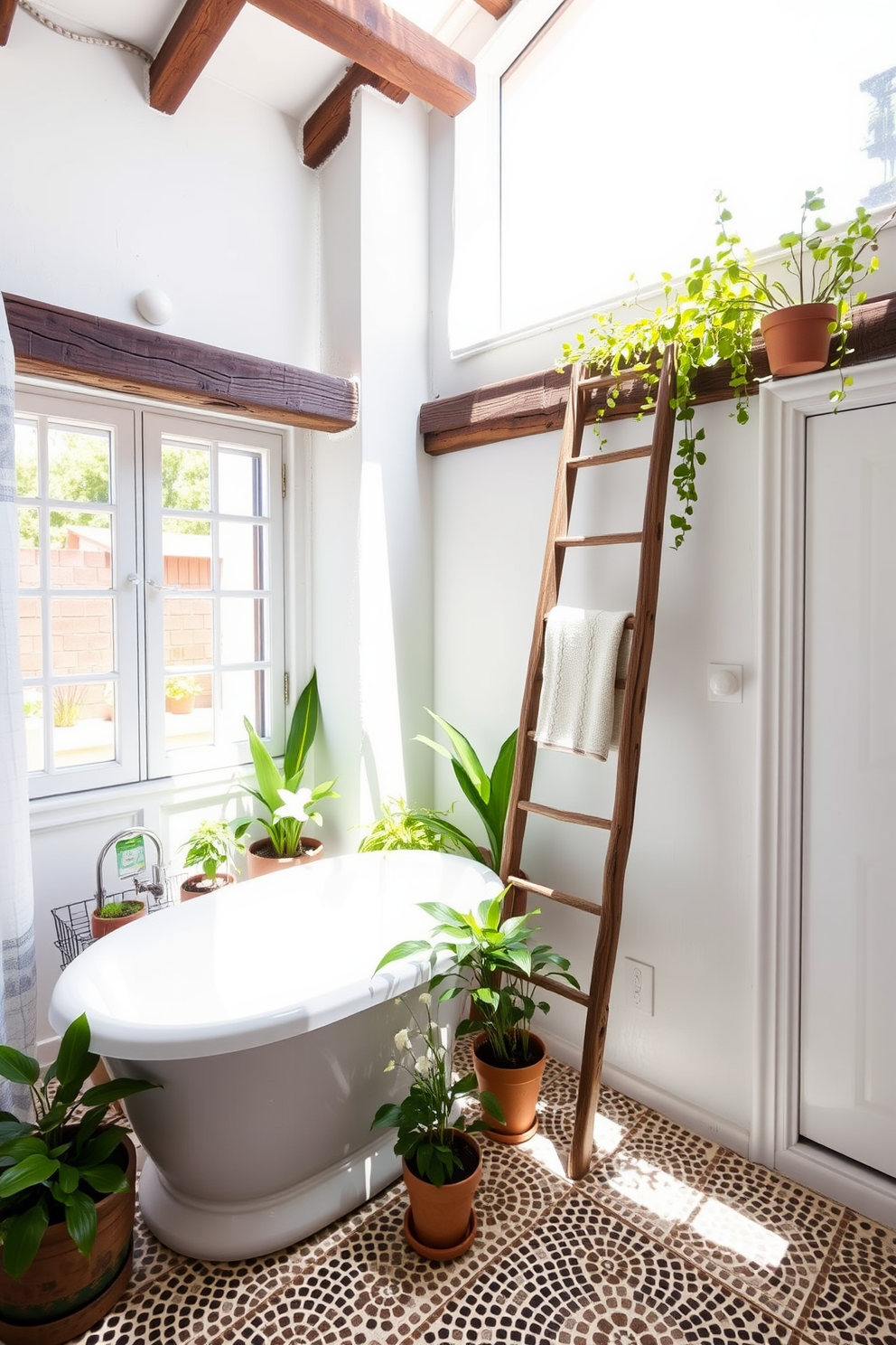 Bright whitewashed walls create a refreshing and airy atmosphere in the bathroom. The space features a freestanding soaking tub surrounded by potted plants and natural light streaming in through a large window. A rustic wooden ladder serves as a stylish towel rack, adding warmth to the design. The floor is adorned with intricate mosaic tiles, enhancing the Mediterranean charm of the space.