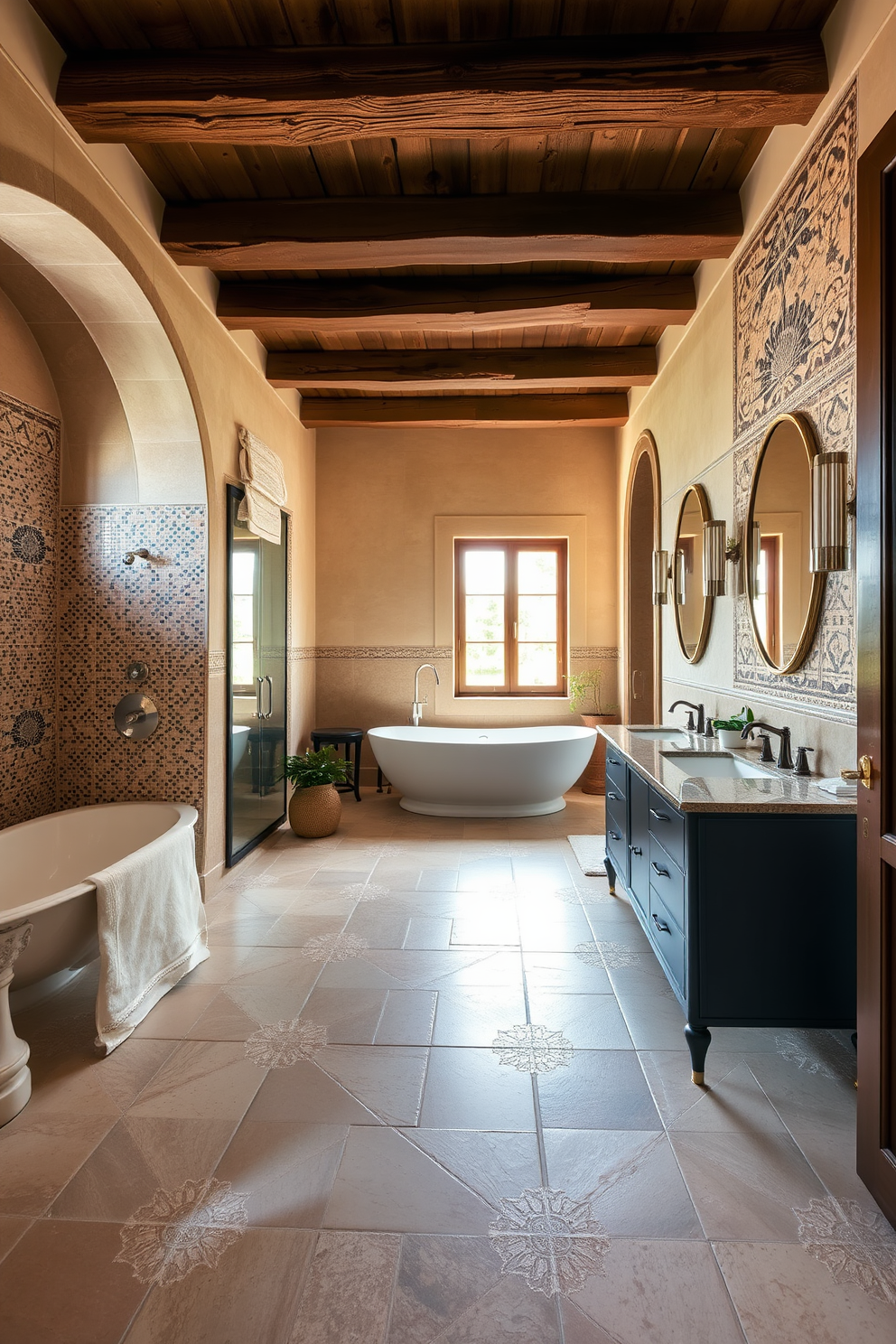 A luxurious Mediterranean bathroom featuring limestone flooring that exudes timeless elegance. The space is adorned with intricate mosaic tiles and warm earthy tones, complemented by wooden beams on the ceiling.