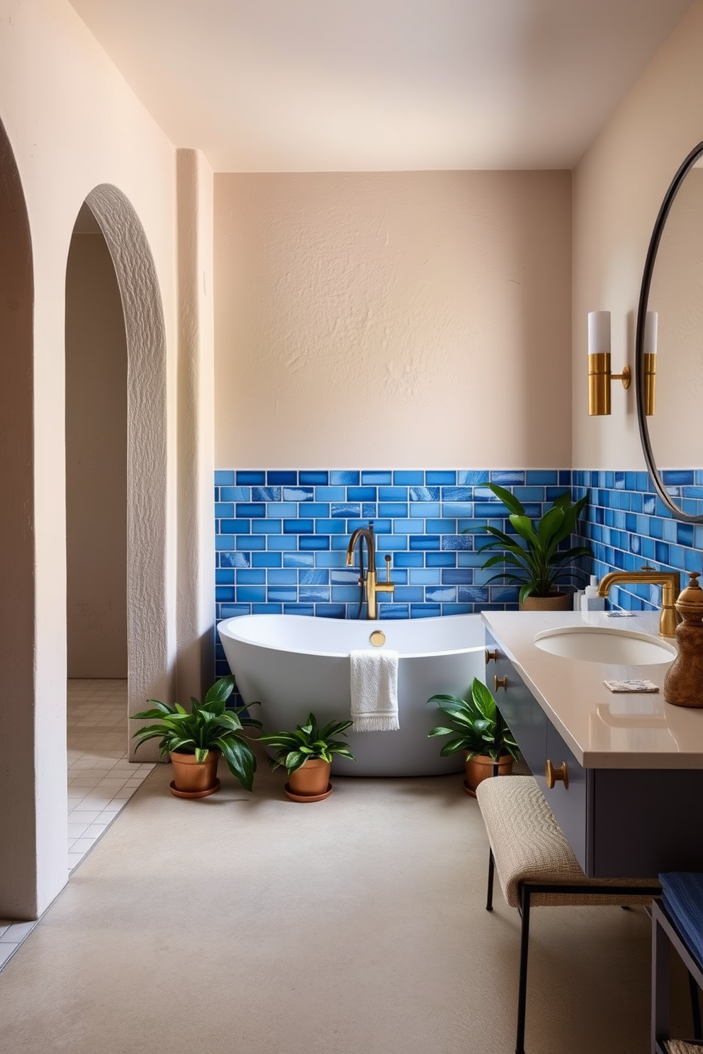 A serene Mediterranean bathroom setting featuring soft linen towels draped elegantly over a wooden towel rack. The walls are adorned with intricate tile work in shades of blue and white, complemented by a freestanding bathtub positioned near a window that lets in natural light. The space includes a rustic wooden vanity topped with a polished stone surface, showcasing decorative elements like potted plants and scented candles. A woven basket sits on the floor, adding texture and warmth to the overall design.