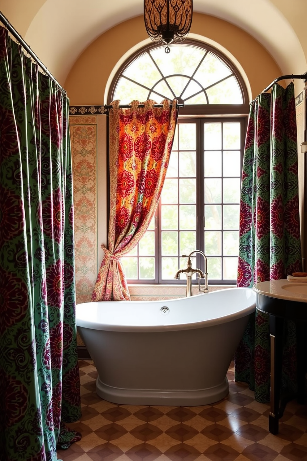 A Mediterranean bathroom setting featuring vibrant patterned shower curtains that add a splash of color. The walls are adorned with intricate tile work, and a freestanding tub sits elegantly under a large window, allowing natural light to fill the space.