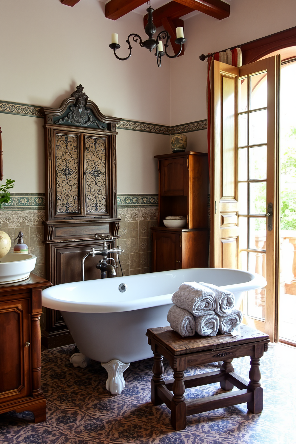 A Mediterranean bathroom featuring natural wood accents creates a warm and inviting atmosphere. The space includes a freestanding soaking tub with a wooden surround and a rustic wooden ladder for towels. The walls are adorned with textured tiles in earthy tones, complementing the wooden elements. A large window allows natural light to flood in, highlighting the organic materials and enhancing the serene ambiance.