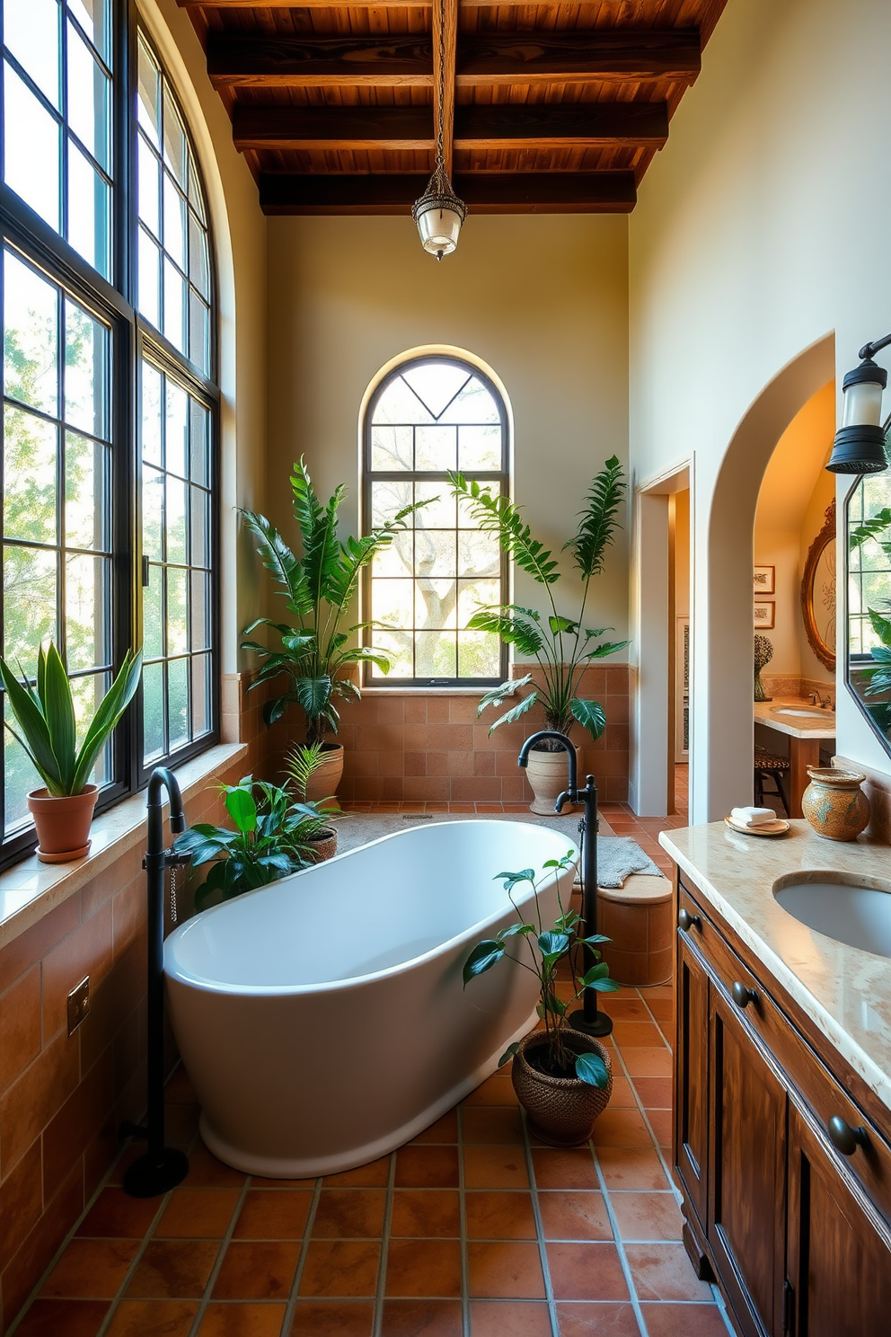 A bright and airy Mediterranean bathroom featuring an open concept layout that seamlessly blends with the adjoining living space. The walls are adorned with warm terracotta tiles, and large windows allow natural light to flood the room. The centerpiece is a freestanding soaking tub surrounded by lush greenery and decorative potted plants. Elegant wrought iron fixtures complement the rustic wooden cabinetry, creating a harmonious balance of comfort and style.