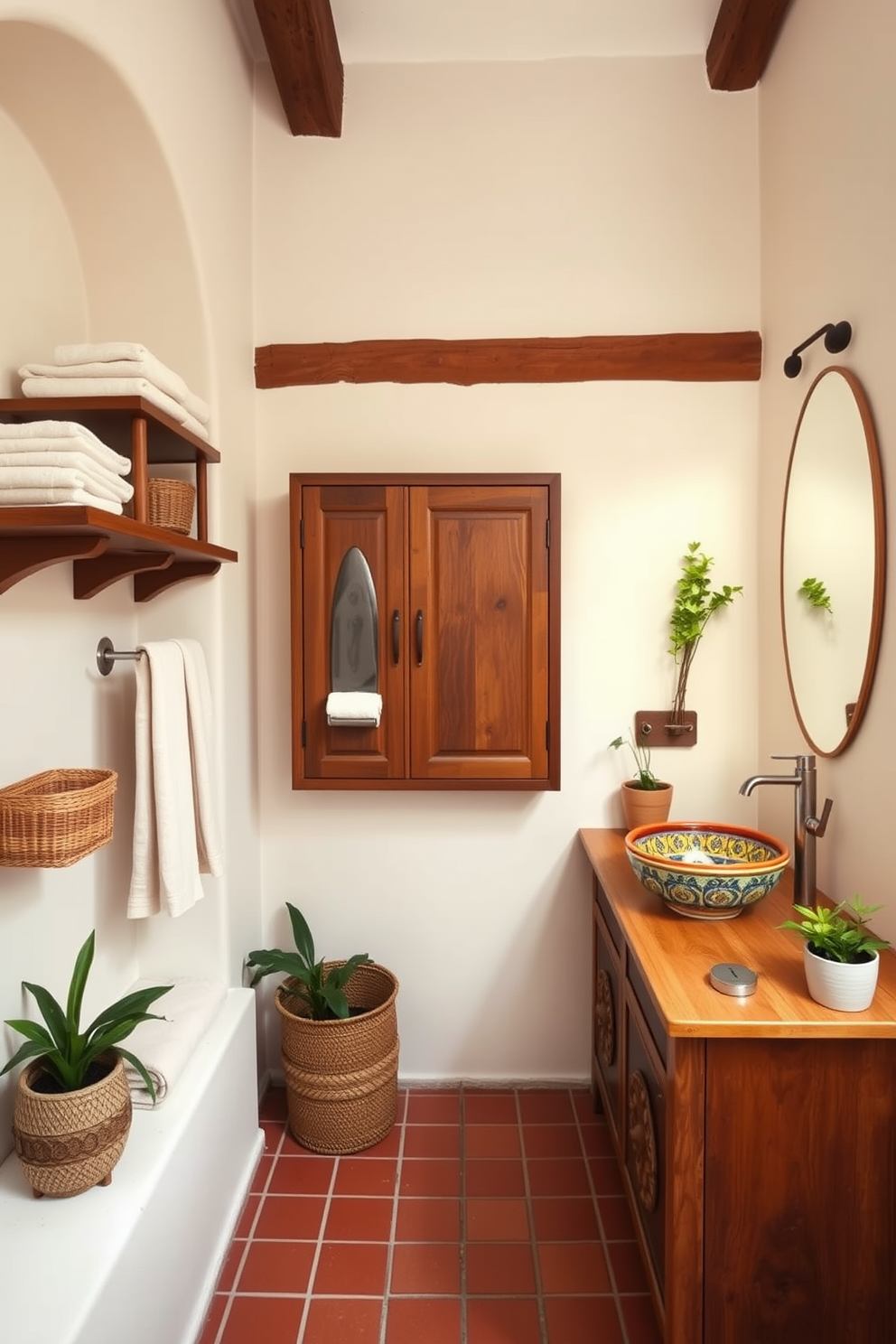 A stylish Mediterranean bathroom features a spacious layout with terracotta tiles and white stucco walls. Elegant wooden shelves are mounted on the walls, showcasing neatly arranged towels and decorative baskets for organized storage. Incorporate a rustic wooden cabinet with intricate carvings for additional storage space. The vanity is adorned with a colorful ceramic sink, and potted plants add a touch of greenery to the serene atmosphere.