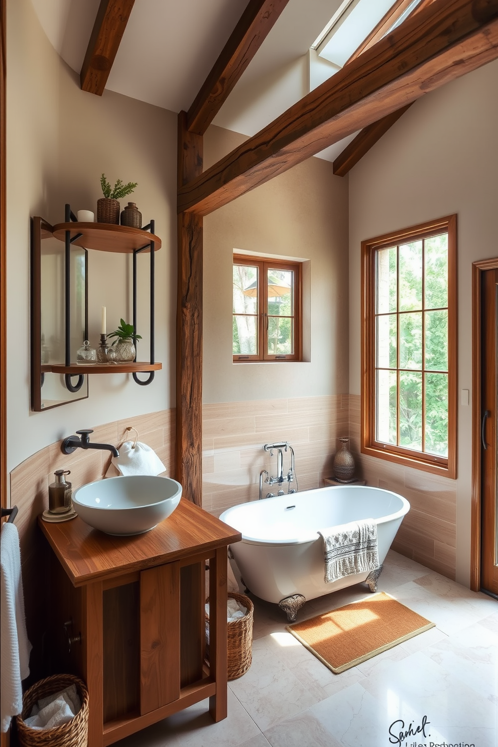 A stunning Mediterranean bathroom featuring bold accent walls painted in deep terracotta and rich navy blue. The space is adorned with intricate tile work and a freestanding soaking tub that invites relaxation. Natural light floods in through arched windows, highlighting the rustic wooden beams on the ceiling. A large vanity with a distressed finish and a marble countertop adds elegance, complemented by vintage-inspired fixtures.