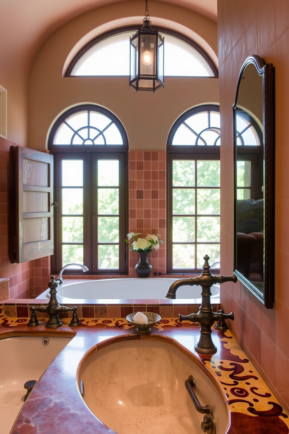 A Mediterranean bathroom featuring artisan-crafted tiles that add authenticity and charm. The space includes a freestanding soaking tub surrounded by lush greenery and natural light streaming in from large windows. Intricate mosaic patterns adorn the walls and floor, creating a vibrant yet soothing atmosphere. A rustic wooden vanity with a stone sink complements the earthy tones of the tiles, enhancing the overall design.