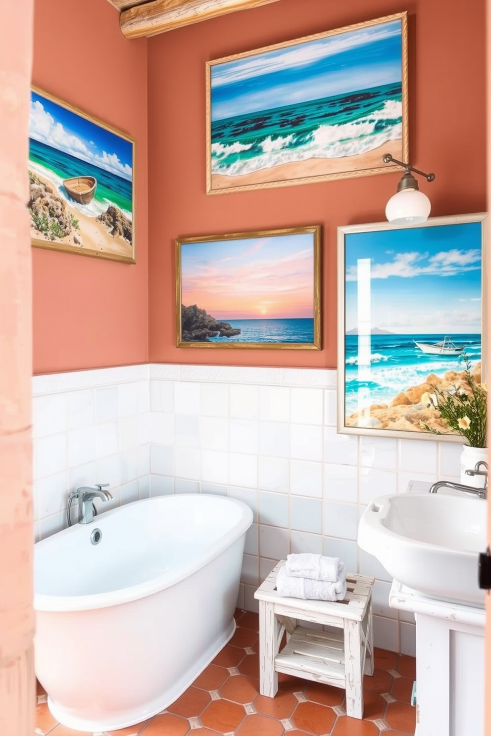 Coastal artwork adorns the walls of a Mediterranean bathroom, featuring vibrant ocean scenes and soft pastel colors. The artwork complements the terracotta tiles and whitewashed wooden accents, creating a serene and inviting atmosphere.