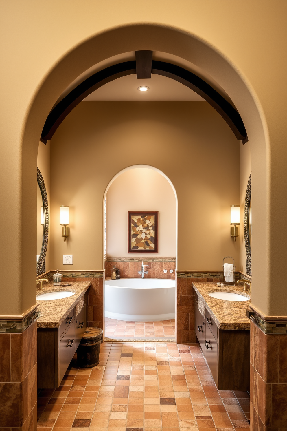 A stunning Mediterranean bathroom features arched doorways that create an inviting entryway. The space is adorned with terracotta tiles and natural stone accents, enhancing the warm and rustic ambiance. The walls are painted in a soft beige hue, complemented by intricate mosaic patterns around the mirrors. Elegant fixtures in brushed gold add a touch of luxury to the overall design.