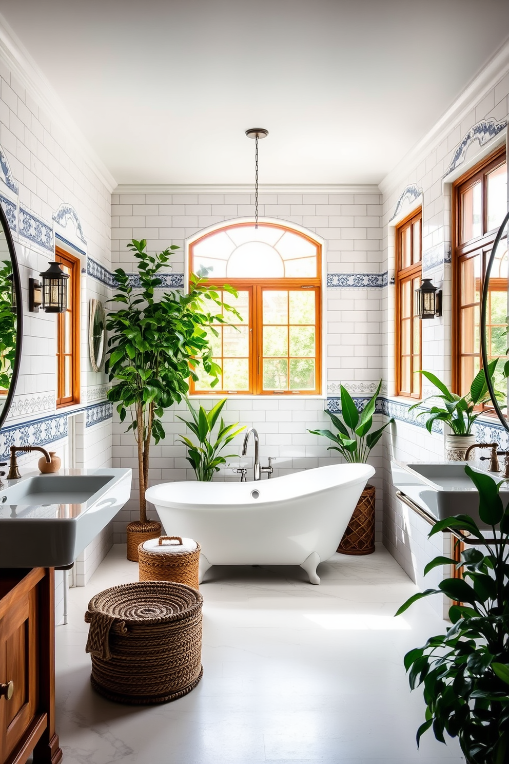 A Mediterranean bathroom featuring classic subway tiles in a crisp white color. The walls are adorned with intricate blue and white patterned accents, creating a vibrant contrast against the clean tiles. A freestanding soaking tub sits elegantly in the center of the room, surrounded by lush greenery for a tranquil atmosphere. Natural light floods the space through large windows, highlighting the warm wooden accents and rustic decor.