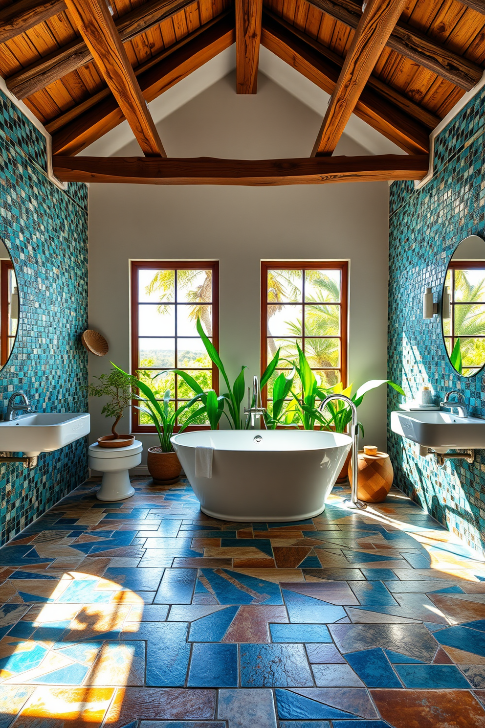 A vibrant Mediterranean bathroom features colorful mosaic tile accents that create a stunning visual appeal. The walls are adorned with intricate tile patterns, while the floor showcases a blend of rich blues and earthy tones that evoke a coastal ambiance. A freestanding soaking tub sits at the center, surrounded by lush greenery and natural light streaming in from large windows. Rustic wooden beams overhead add warmth and character to the space, inviting relaxation and tranquility.