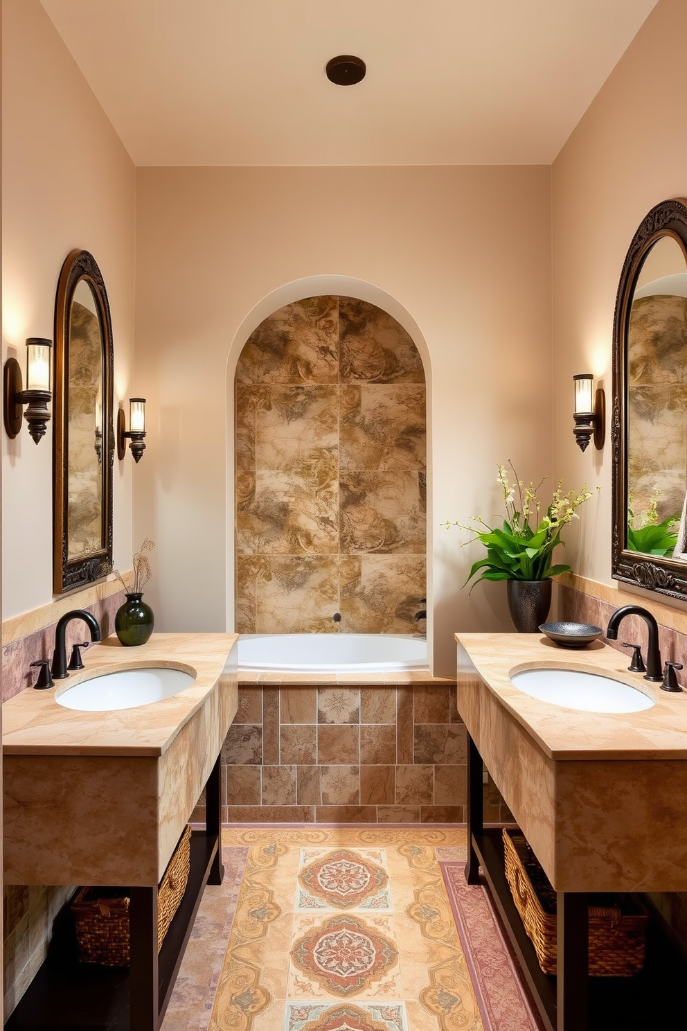 Bright white walls create a spacious feel in this Mediterranean bathroom. The design features terracotta tiles on the floor and decorative blue and white ceramic accents throughout. A large soaking tub is positioned under a window, allowing natural light to flood the space. Rustic wooden beams stretch across the ceiling, enhancing the warm and inviting atmosphere.