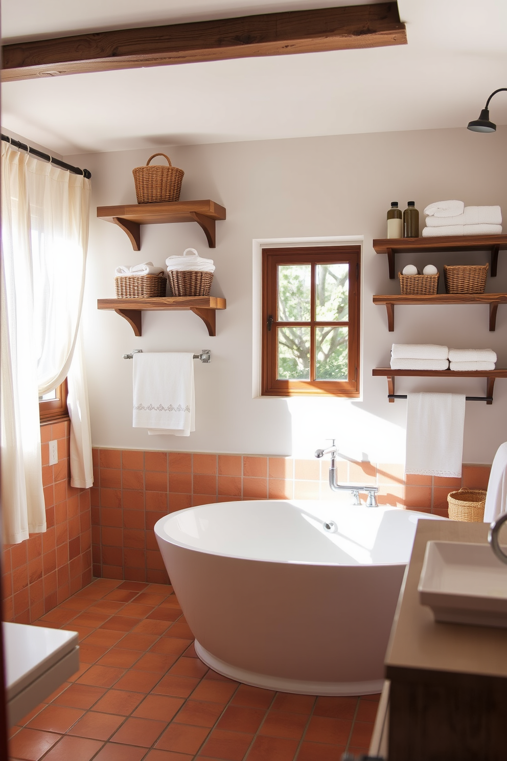 Open shelving is mounted on the walls, showcasing decorative baskets filled with towels and toiletries. The shelves are made of reclaimed wood, adding warmth to the space while complementing the Mediterranean aesthetic. The bathroom features a large soaking tub surrounded by terracotta tiles, creating a cozy and inviting atmosphere. Natural light floods the room through a window adorned with sheer linen curtains, enhancing the airy feel of the design.