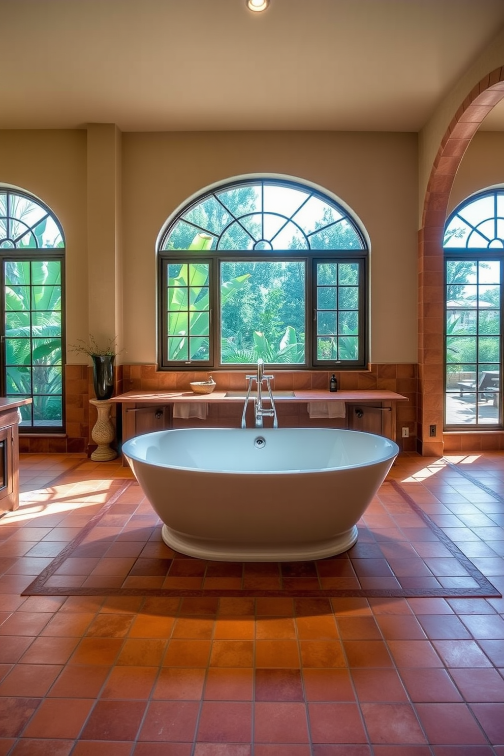 A luxurious Mediterranean bathroom features a freestanding soaking tub positioned elegantly in the center. Surrounding the tub are terracotta tiles, and large arched windows allow natural light to flood the space, highlighting the rich textures and warm color palette.