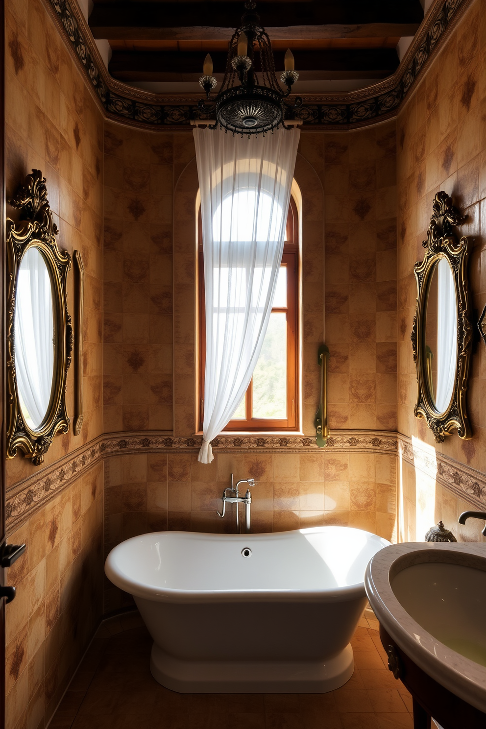 A serene Mediterranean bathroom featuring soft pastel color palettes. The walls are painted in a light lavender hue, complemented by whitewashed wooden beams overhead. The floor is adorned with terracotta tiles, adding warmth to the space. A freestanding bathtub sits gracefully in the corner, surrounded by potted plants and soft, fluffy towels.