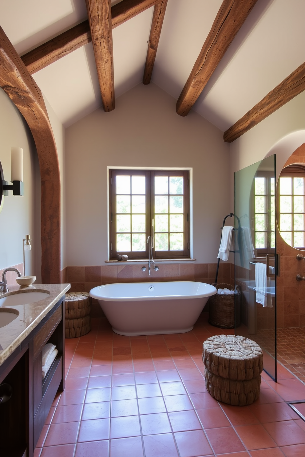 A Mediterranean bathroom design featuring wooden beams that add a rustic touch. The space includes a freestanding soaking tub surrounded by terracotta tiles and a large window that lets in natural light.