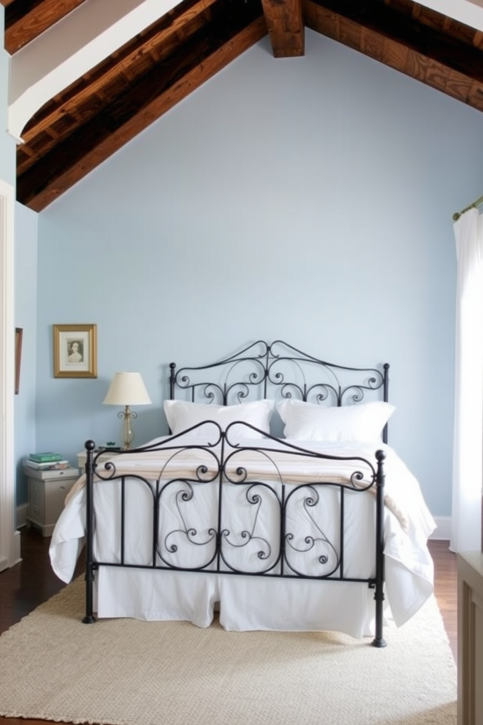 A serene Mediterranean bedroom featuring a light blue and white color scheme. The walls are painted in a soft light blue, complemented by crisp white linens on a large, inviting bed. Natural light floods the room through large windows adorned with sheer white curtains. A woven rug in neutral tones lies on the polished wooden floor, adding warmth to the space.