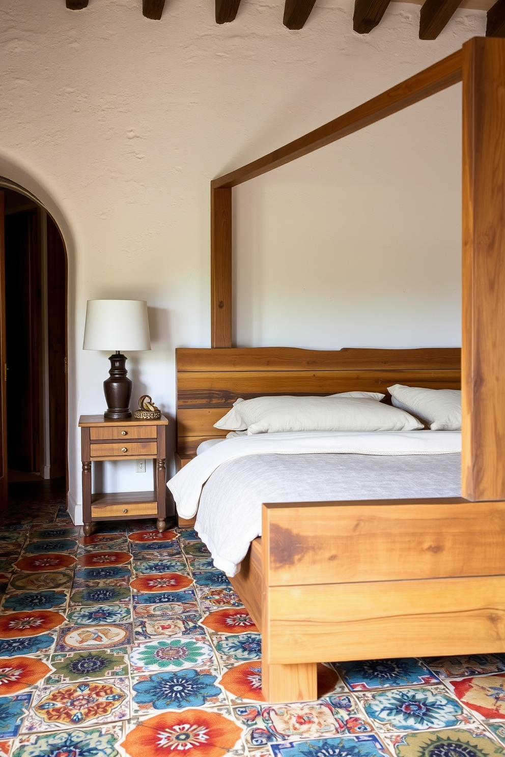 A Mediterranean bedroom featuring rustic wooden furniture with a modern twist. The bed is framed with reclaimed wood, complemented by soft linen bedding in neutral tones. A vintage-inspired nightstand holds a contemporary lamp with a sleek design. The walls are adorned with textured plaster, while vibrant ceramic tiles add a pop of color to the floor.