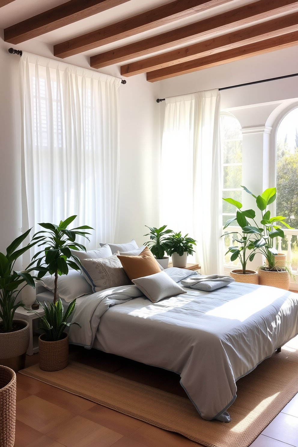 A serene Mediterranean bedroom filled with natural light. The room features a large window draped with sheer white curtains, allowing sunlight to filter through and illuminate the space. A plush king-sized bed is adorned with soft blue and white linens, complemented by decorative pillows in earthy tones. Potted indoor plants in various sizes are strategically placed around the room, adding a touch of greenery and freshness to the ambiance.