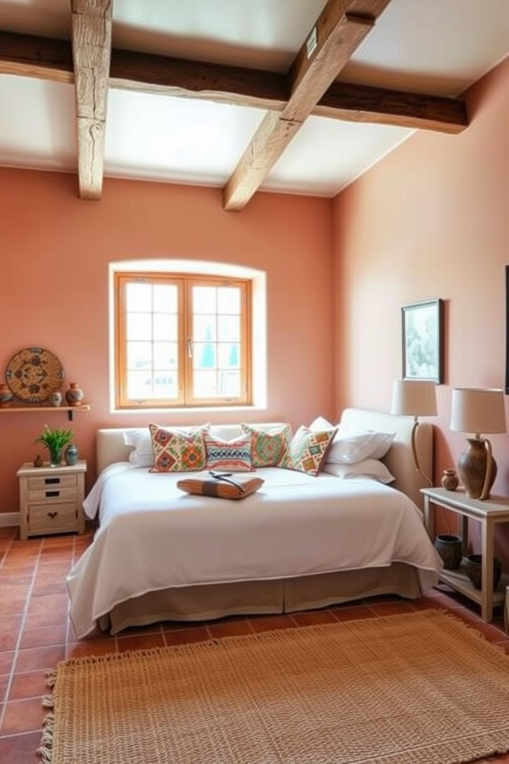 A serene Mediterranean bedroom featuring handcrafted pottery accents throughout the space. The walls are painted in a soft terracotta hue, complemented by wooden beams on the ceiling and a large window that lets in natural light. The bed is adorned with crisp white linens and colorful patterned throw pillows, while handcrafted pottery pieces are strategically placed on nightstands and shelves. A woven area rug adds warmth to the terracotta tiled floor, creating an inviting atmosphere.