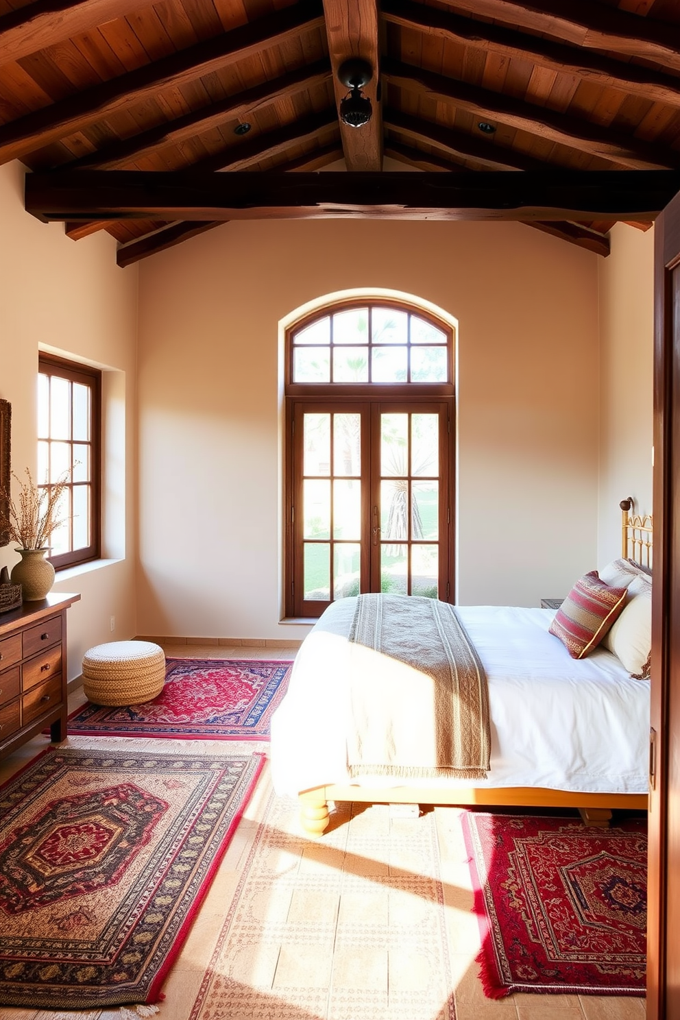 Open shelving adorned with carefully curated decorative items creates an inviting focal point in the room. The warm color palette features earthy tones and vibrant accents, enhancing the Mediterranean aesthetic. A plush bed draped in rich textiles sits against a textured wall, complemented by woven baskets and artisanal pottery on the shelves. Natural light floods the space through arched windows, highlighting the rustic charm and cozy atmosphere.