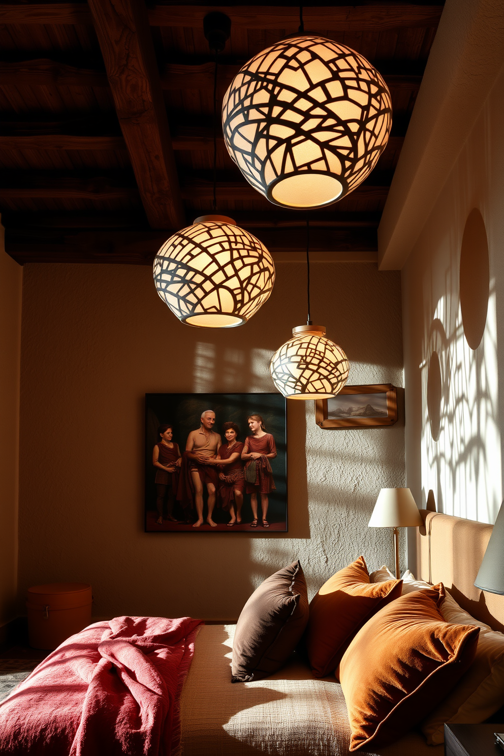 A rustic wooden headboard serves as the focal point of the Mediterranean bedroom, exuding warmth and charm. The walls are adorned with soft beige tones, complemented by vibrant blue accents in the bedding and decorative pillows. Natural light floods the space through large windows, showcasing views of lush greenery outside. Woven baskets and terracotta pots add texture and a touch of nature, enhancing the inviting atmosphere.