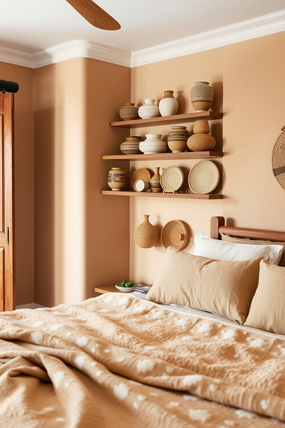 A serene Mediterranean bedroom featuring soft pastel color palette choices. The walls are painted in a light lavender hue, complemented by a soft blue accent wall behind the bed. A plush white bedspread adorns the king-sized bed, with pastel-colored throw pillows adding a touch of warmth. Natural light filters through sheer white curtains, creating a bright and airy atmosphere.