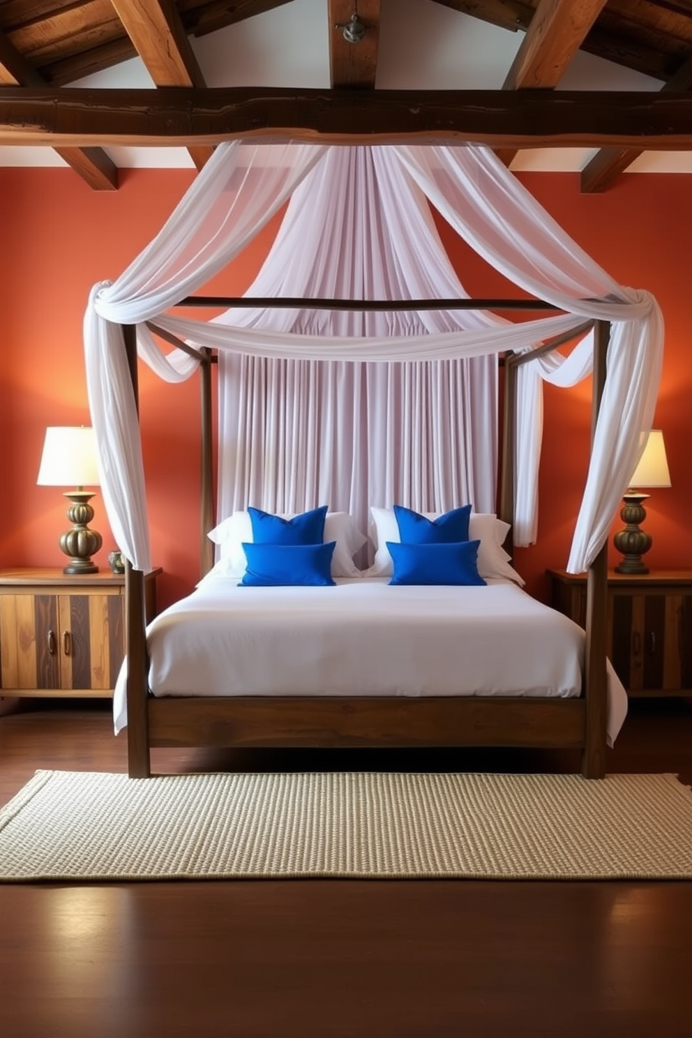 A serene Mediterranean bedroom featuring a beautifully draped canopy bed with soft white linens and vibrant blue throw pillows. The walls are painted in a warm terracotta hue, and rustic wooden beams adorn the ceiling, creating a cozy and inviting atmosphere. Flanking the bed are elegant nightstands made of reclaimed wood, each topped with a stylish lamp that casts a soft glow. A woven area rug lies beneath the bed, complementing the natural textures of the space and enhancing the Mediterranean charm.